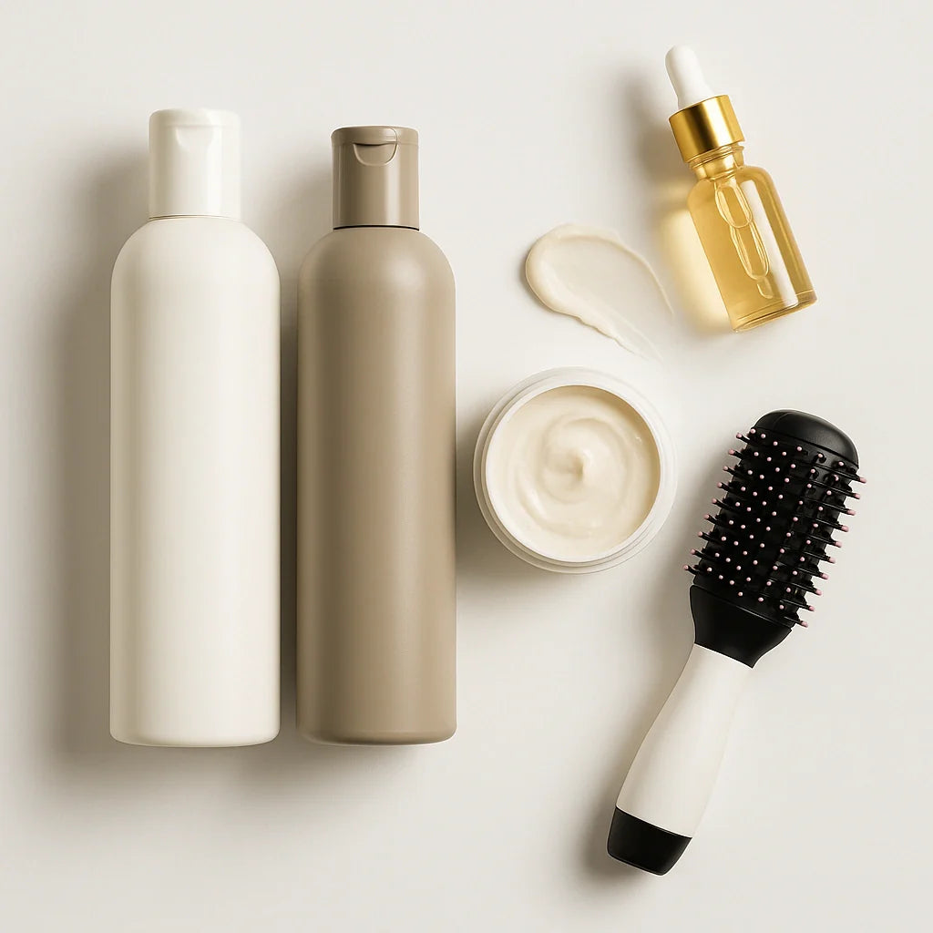 Shampoo, conditioner, hair mask, oil, and a compact dryer brush on white.