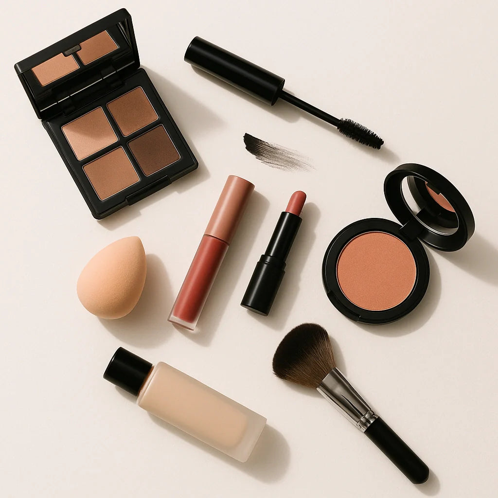 Minimal flat-lay of mascara, eyeshadow, blush, lip tint, sponge, and brush.