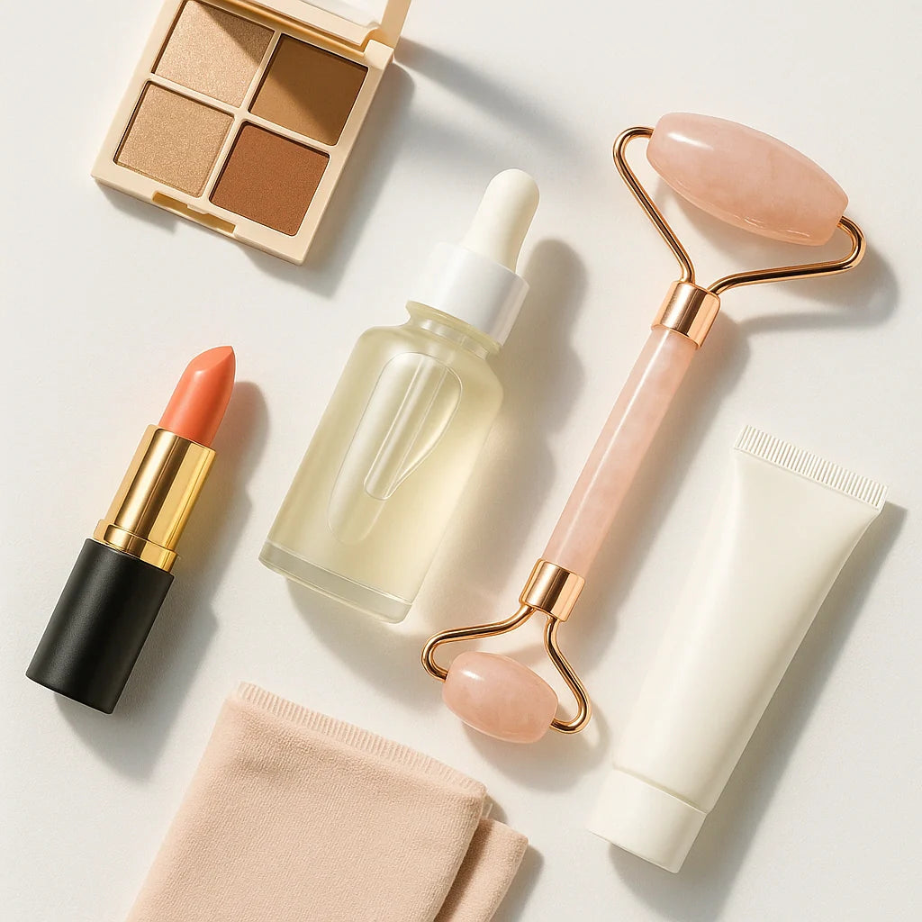 Three new beauty arrivals—lip color, serum, and face roller on a bright backdrop.