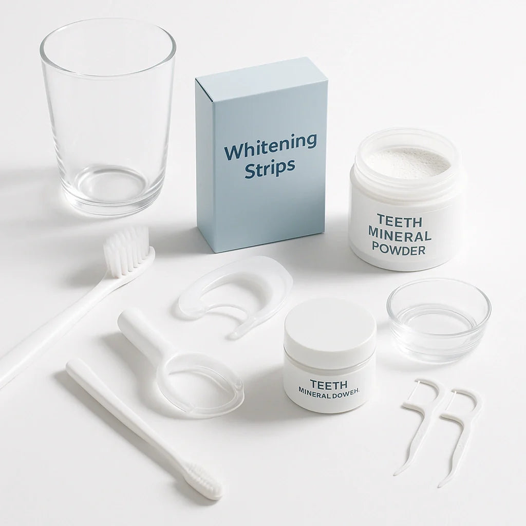 Whitening kit, strips, mineral powder, toothbrush, and floss picks displayed neatly.