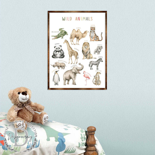 Wild Animals Wooden Kids Room Wall Art Poster