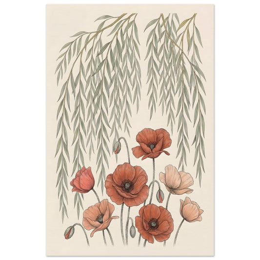 Willow Tree and Poppy Botanical 9th Anniversary Wall Art - 100x150 cm / 40x60″ / Museum-Quality Matte Paper Poster - Sparkycare