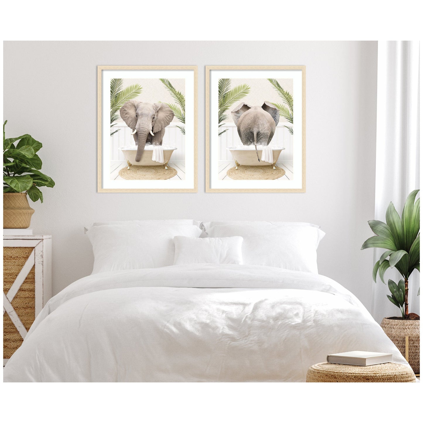 Elephant in Palm Bathtub 2 Piece Framed Wall Art Set