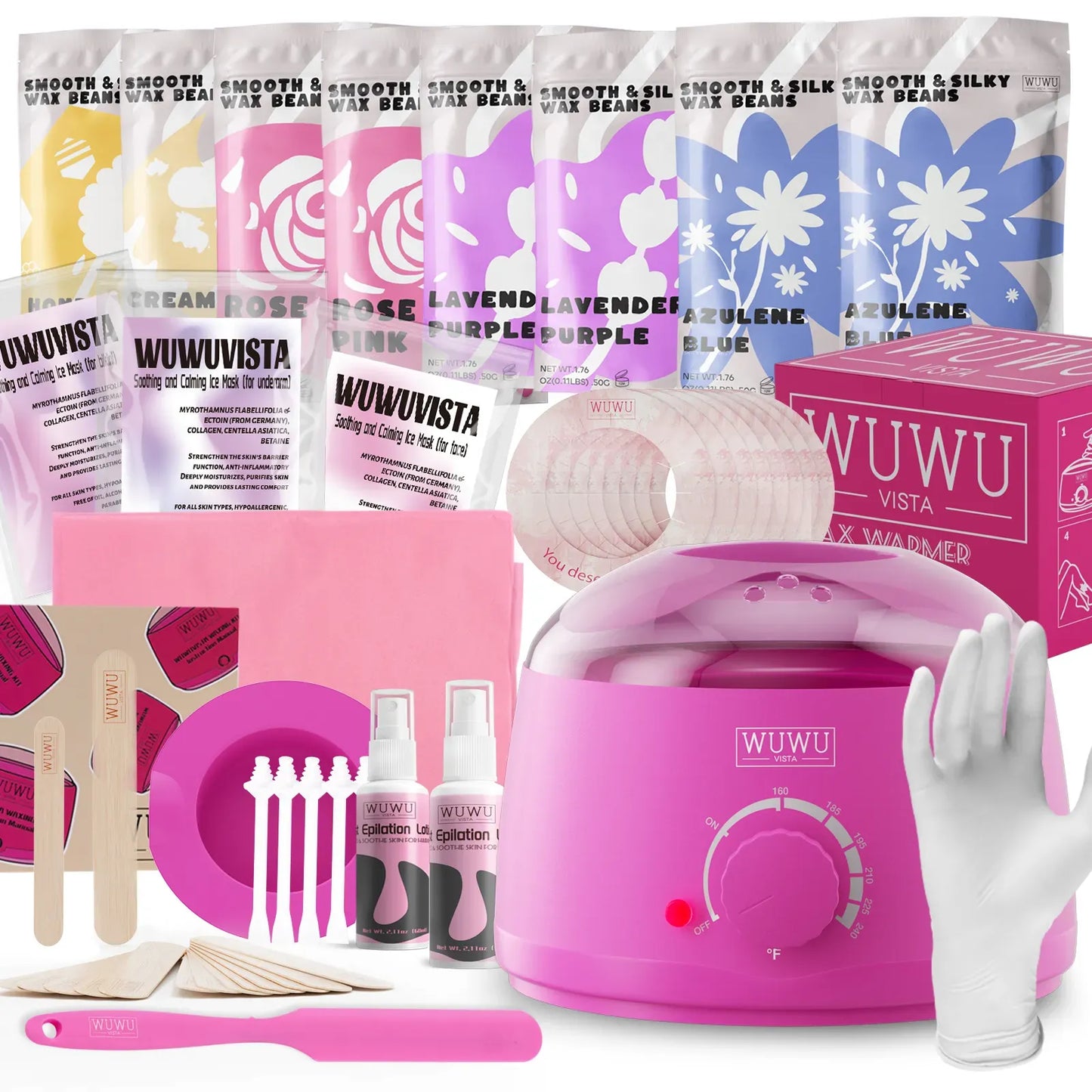 WUWUVISTA waxing kit with pink warmer, containers, and accessories on a white background