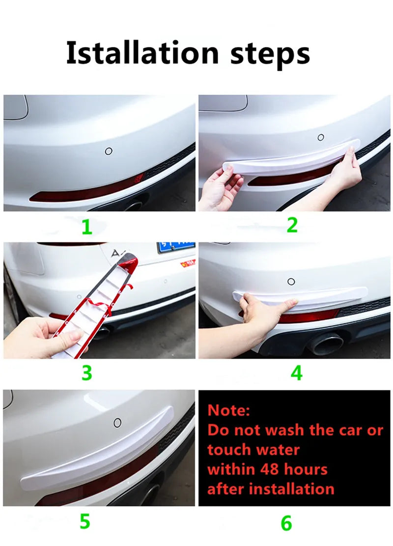 Installation steps of universal car bumper protector on white vehicle.