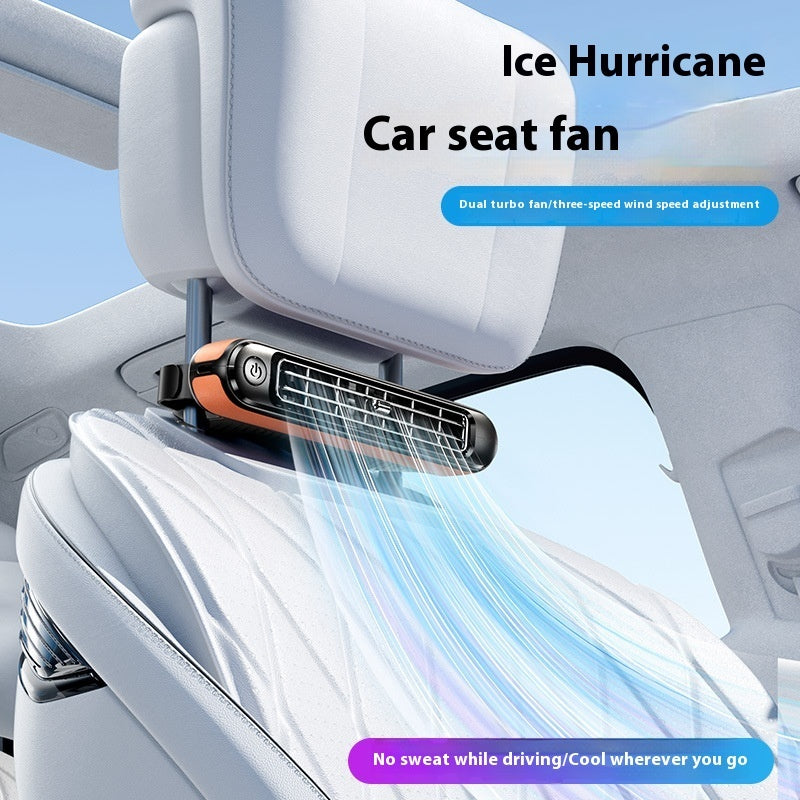 Car seat fan with dual turbo fan and three-speed wind speed adjustment, placed on a car seat.