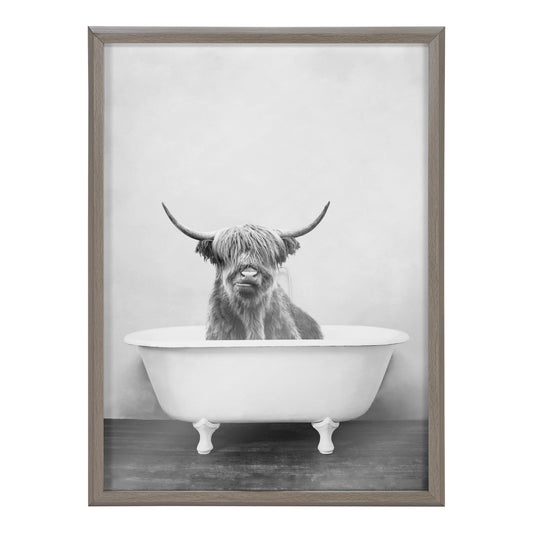 Highland Cow in the Tub Black and White Framed Glass Wall Art