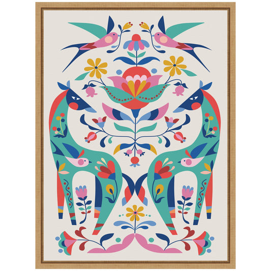 Folk Art Horses and Birds Framed Canvas Wall Art