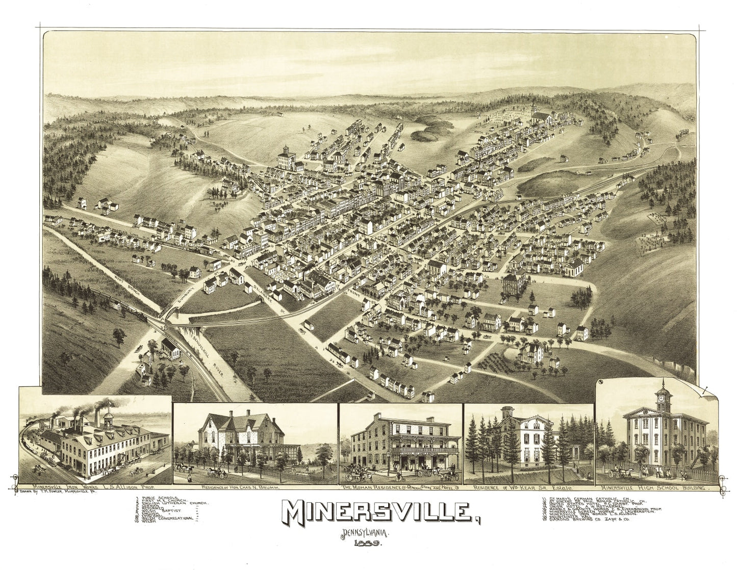 Vintage Map of Minersville, Pennsylvania, 1889
