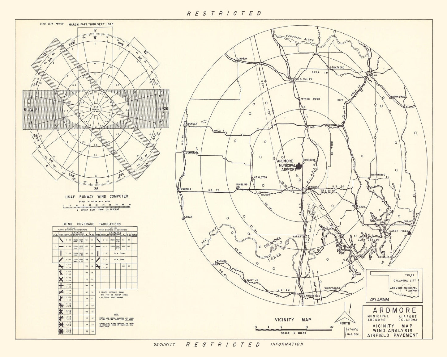 Vintage Map of Ardmore Municipal Airport Vicinity, Oklahoma, 1952