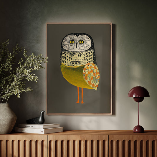 Stylized Owl Wall Art - Golden Feather Bird Print