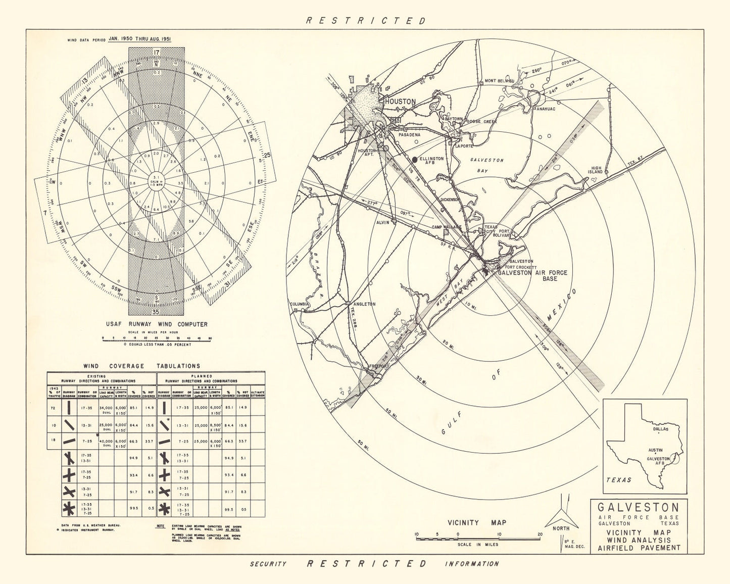 Vintage Map of Galveston Air Force Base Vicinity, Texas, 1952