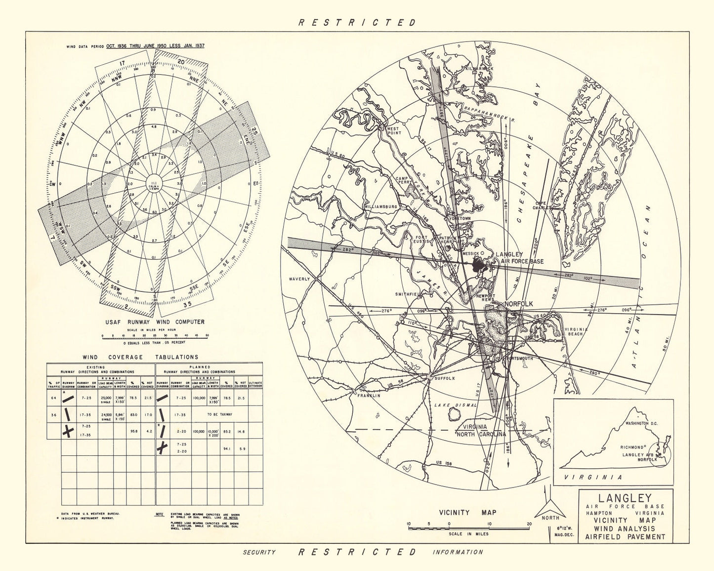Vintage Map of Langley Air Force Base Vicinity, Virginia, 1951