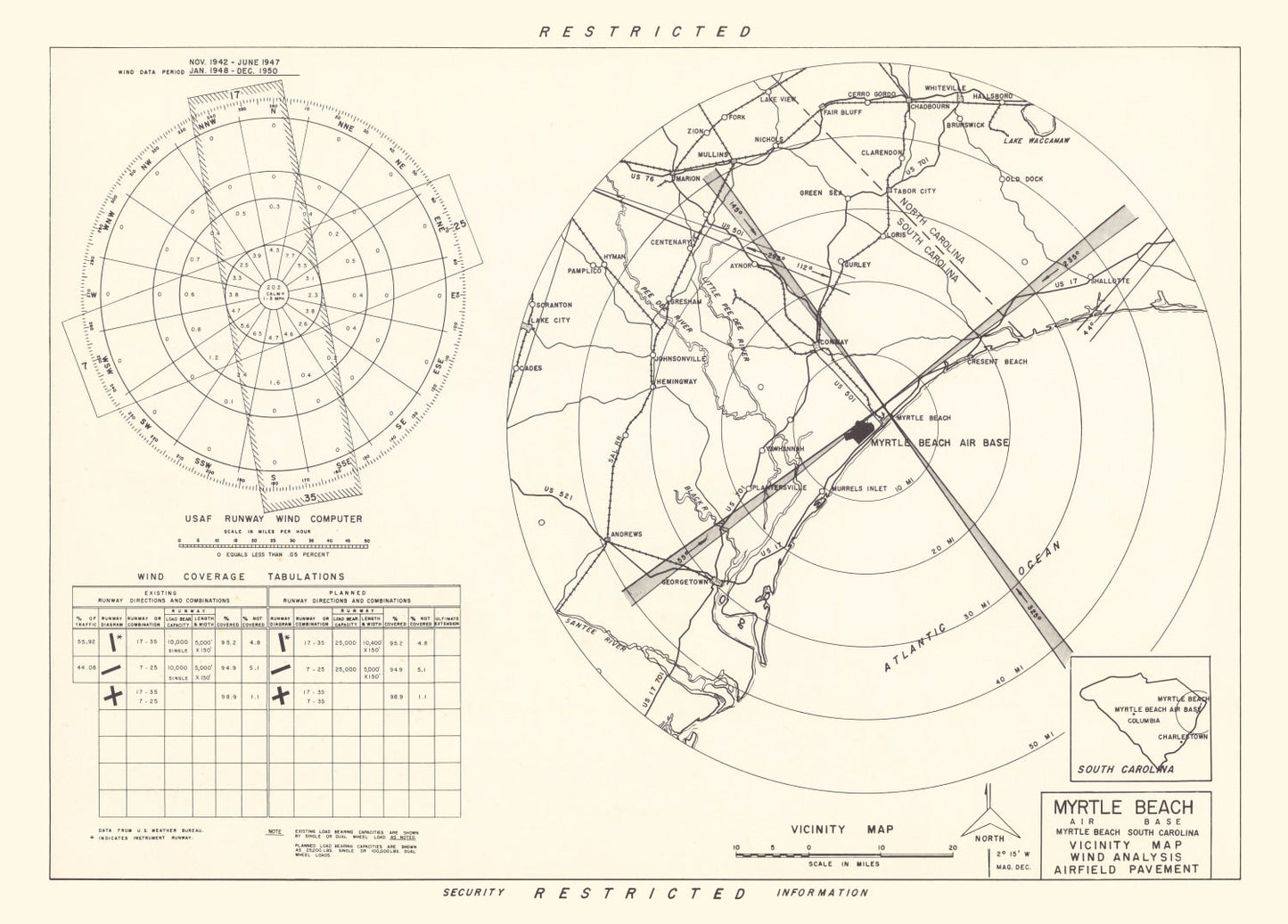 Vintage Map of Myrtle Beach Air Base Vicinity, South Carolina, 1952