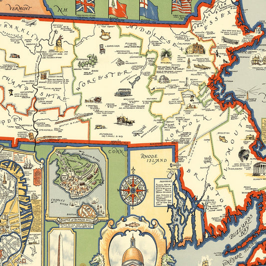 Vintage Map of Massachusetts, 1930 Historic
