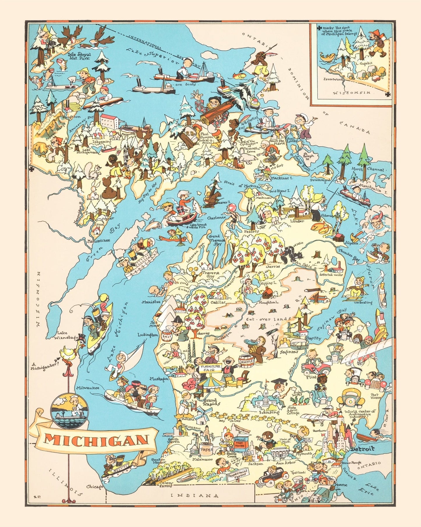 Vintage Map of Michigan, 1935