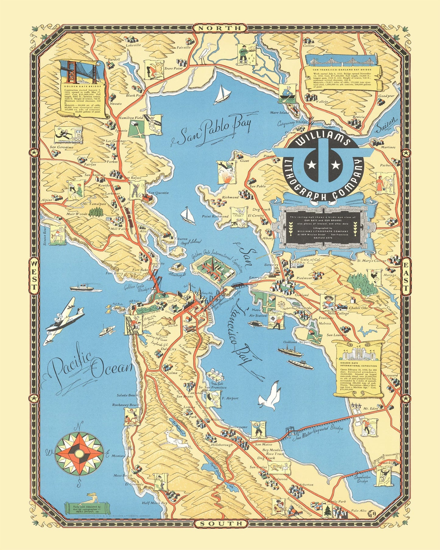 Vintage Map of San Francisco Bay, California, 1939