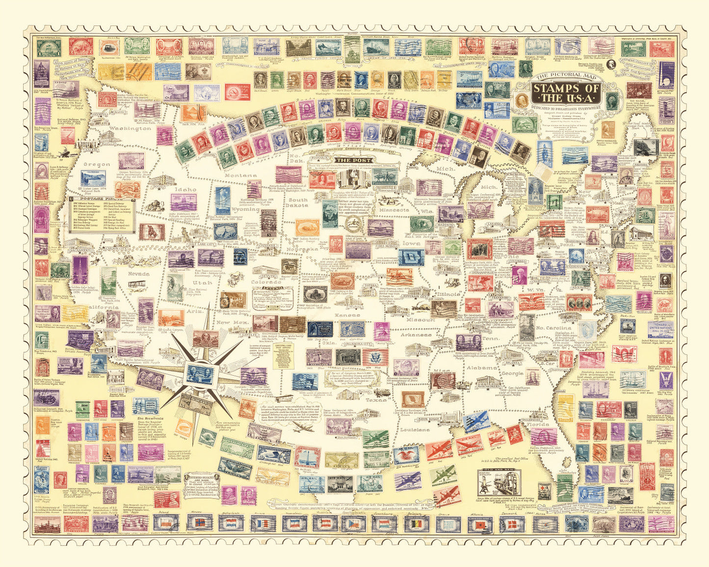 Vintage United States Map of Stamps, 1947
