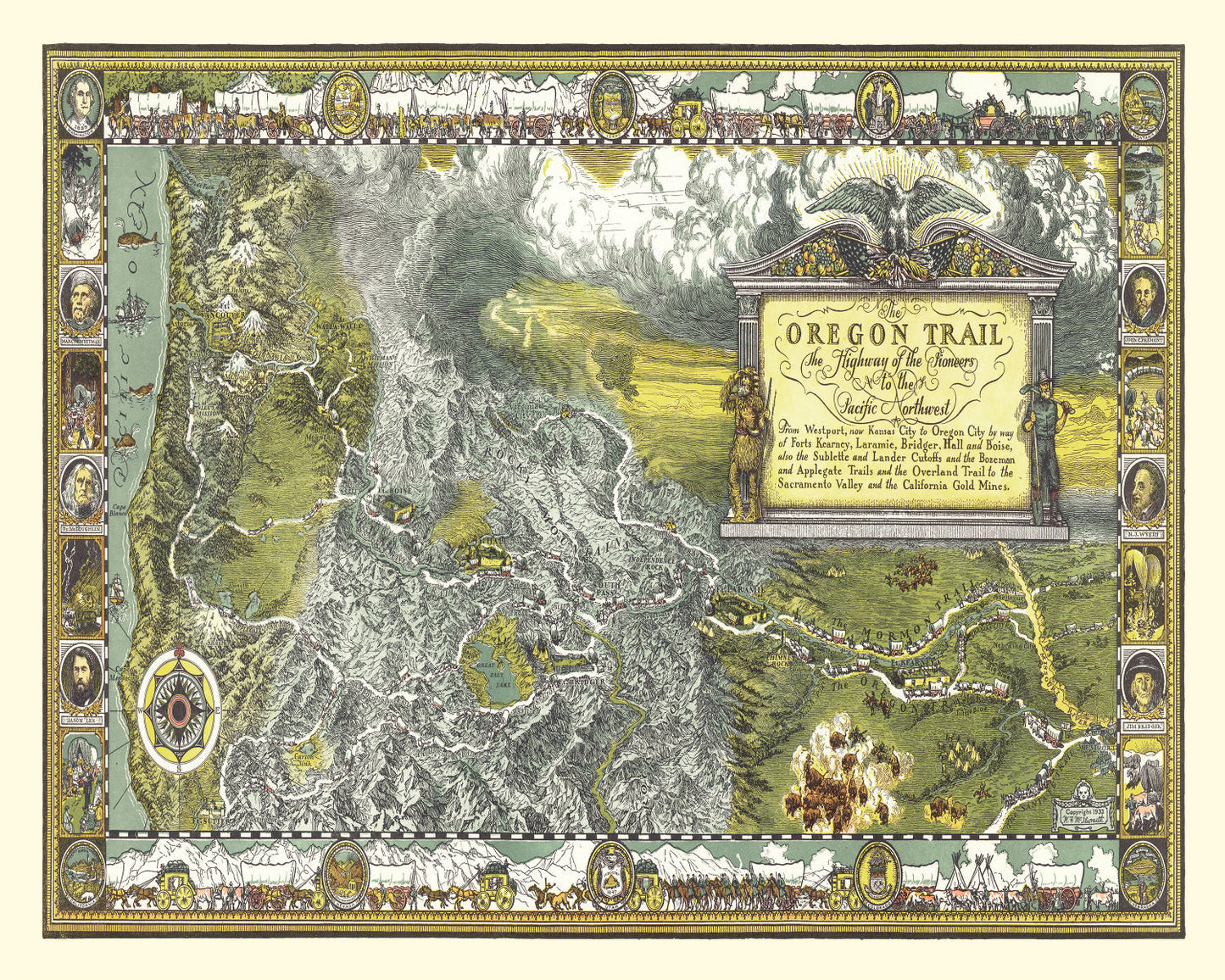 Vintage Map of the Oregon Trail, 1932
