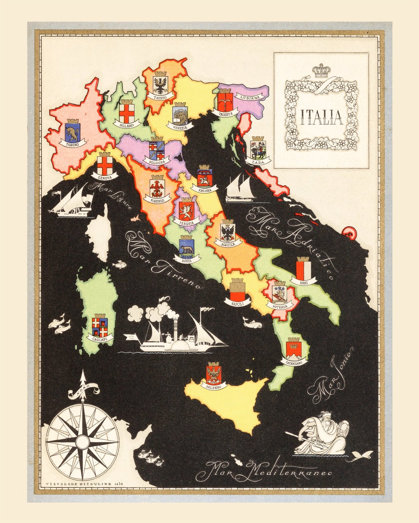 Vintage Map of Italy, 1938