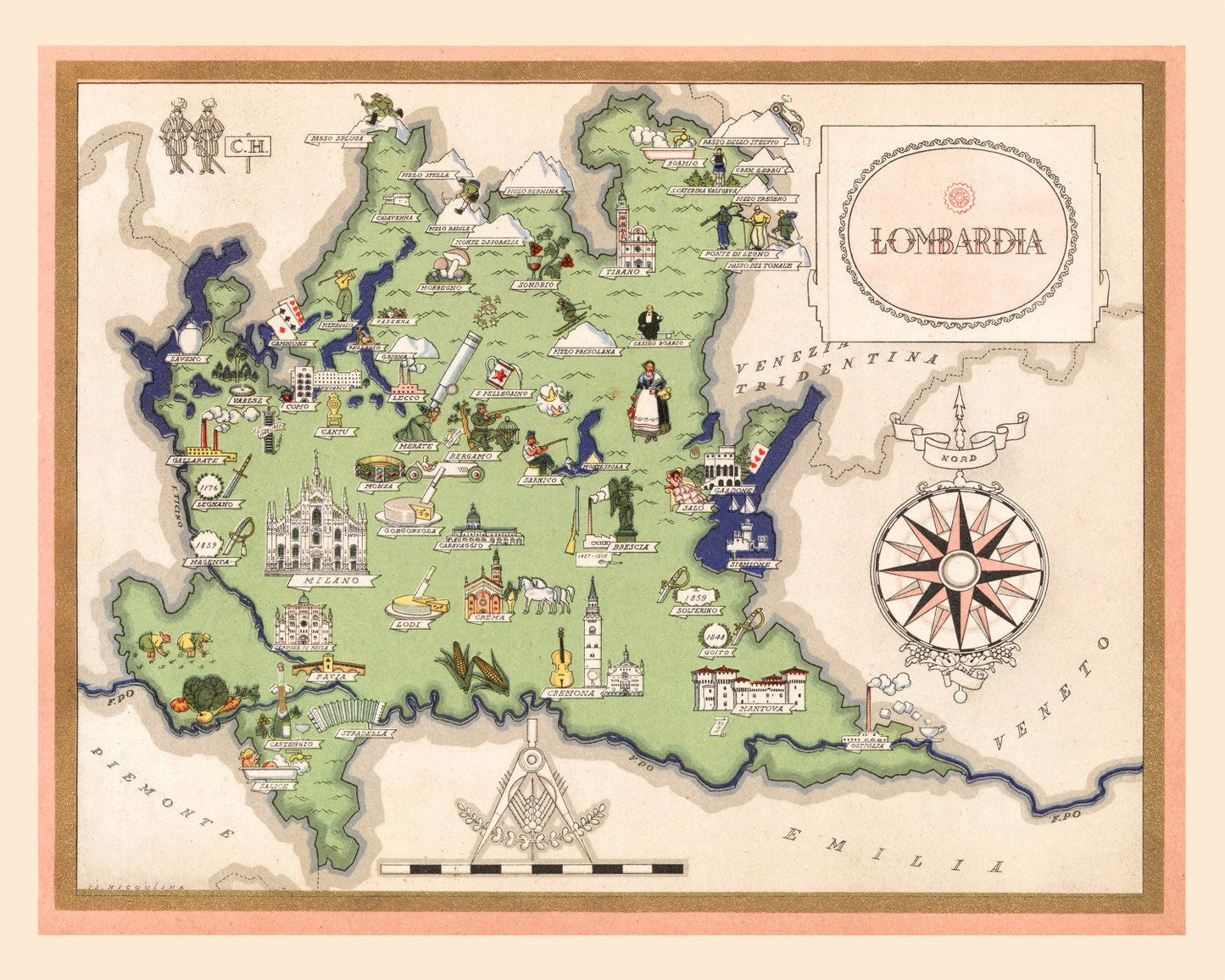 Vintage Map of Lombardy, Italy, 1938