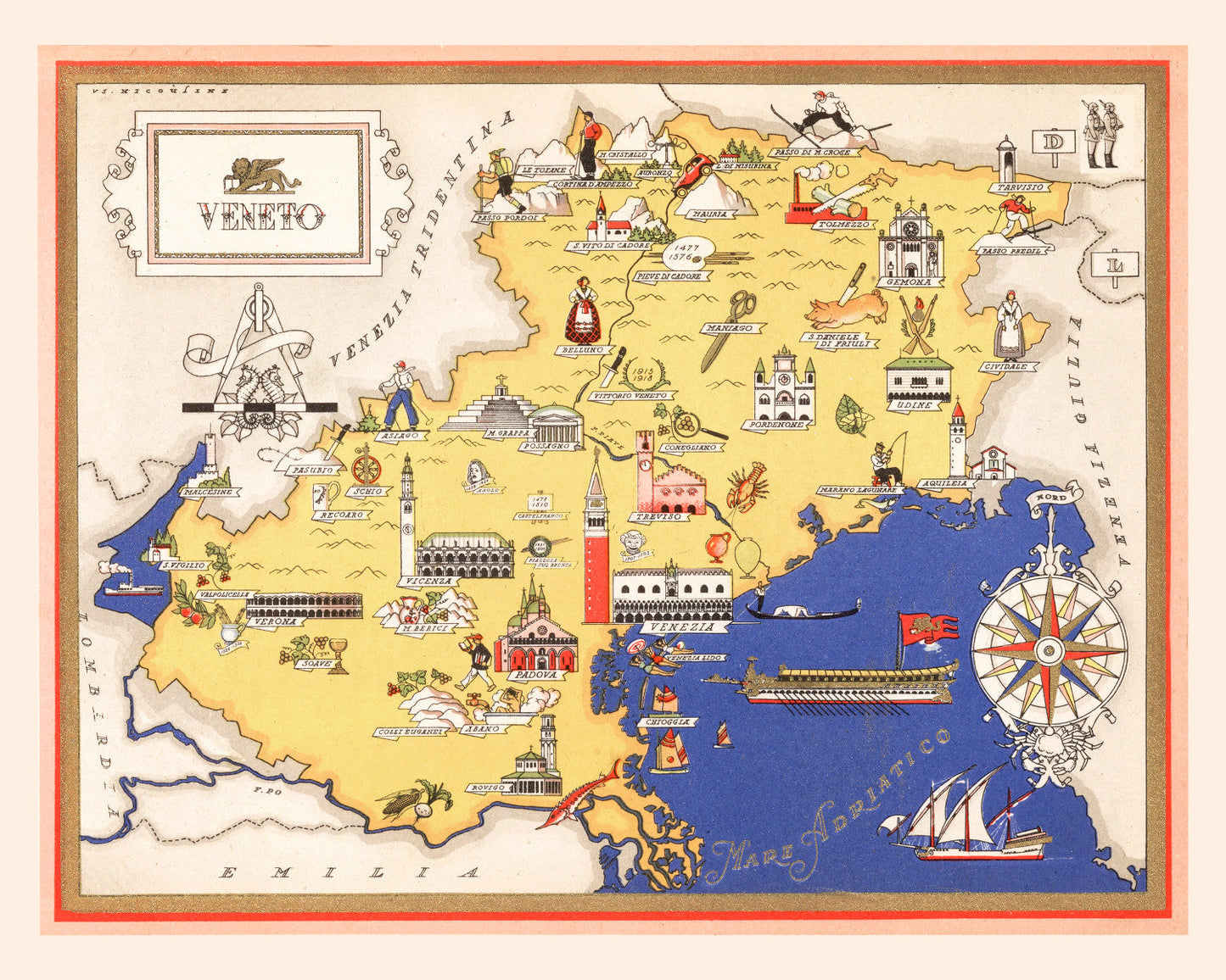 Vintage Map of Veneto, Italy, 1938