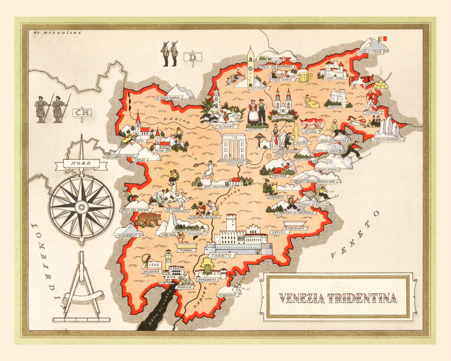 Vintage Map of Trentino-Alto Adige, Italy, 1938