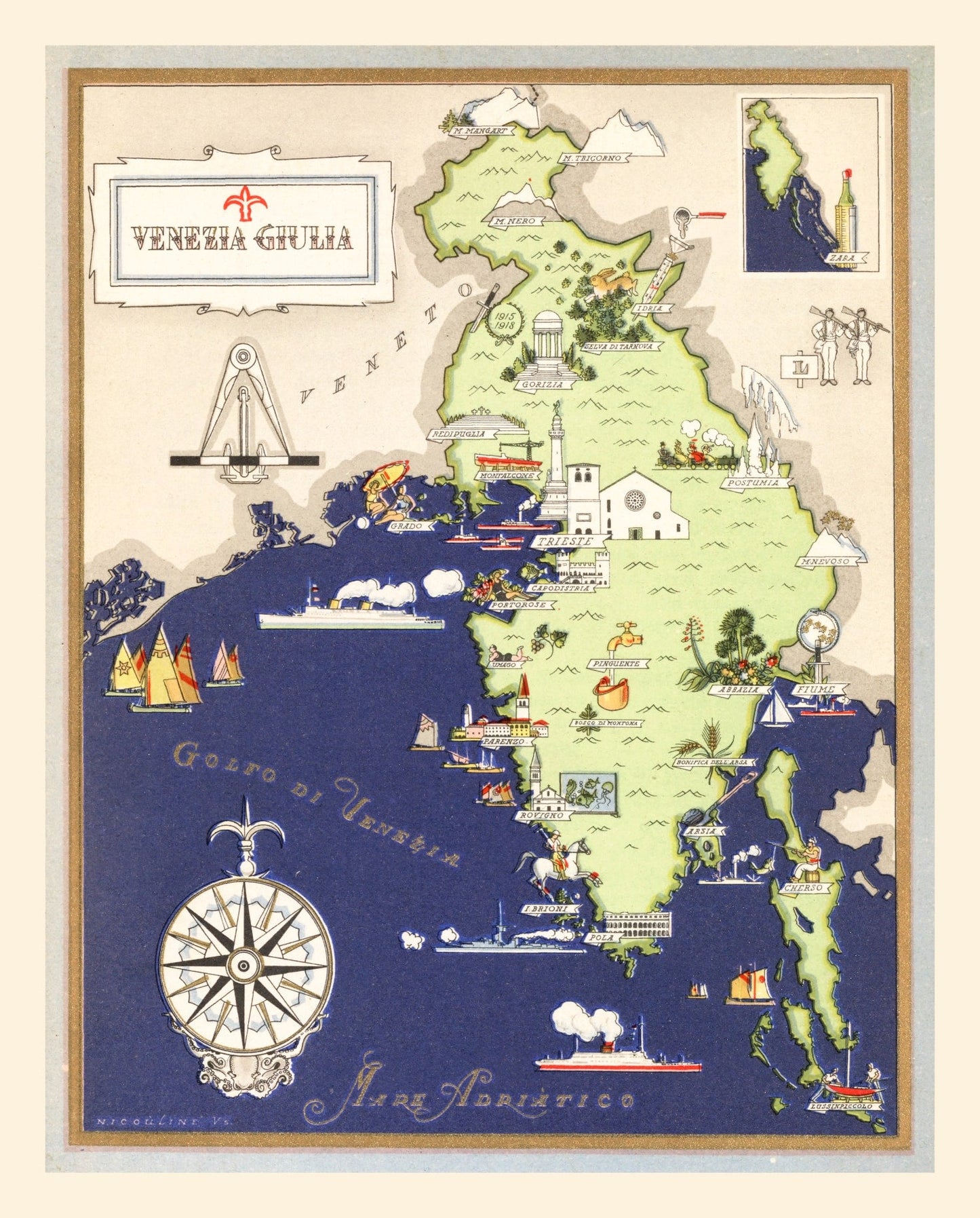 Vintage Map of Friuli Venezia Giulia, Italy, 1938