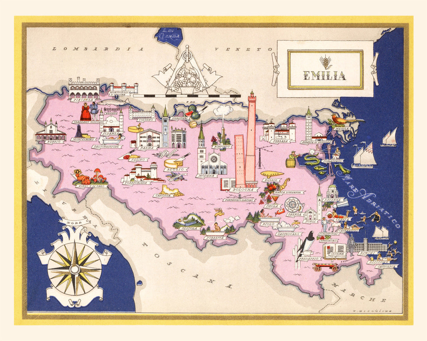 Vintage Map of Emilia-Romagna, Italy, 1938