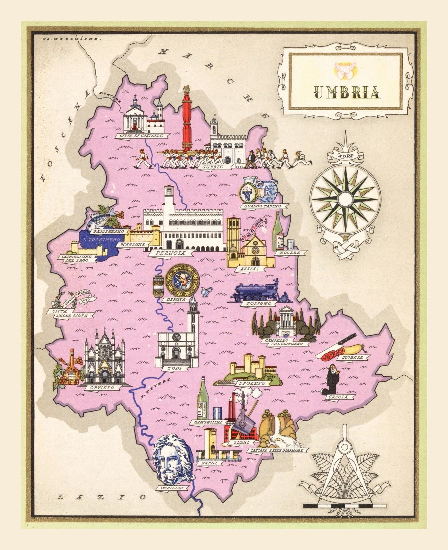 Vintage Map of Umbria, Italy, 1938
