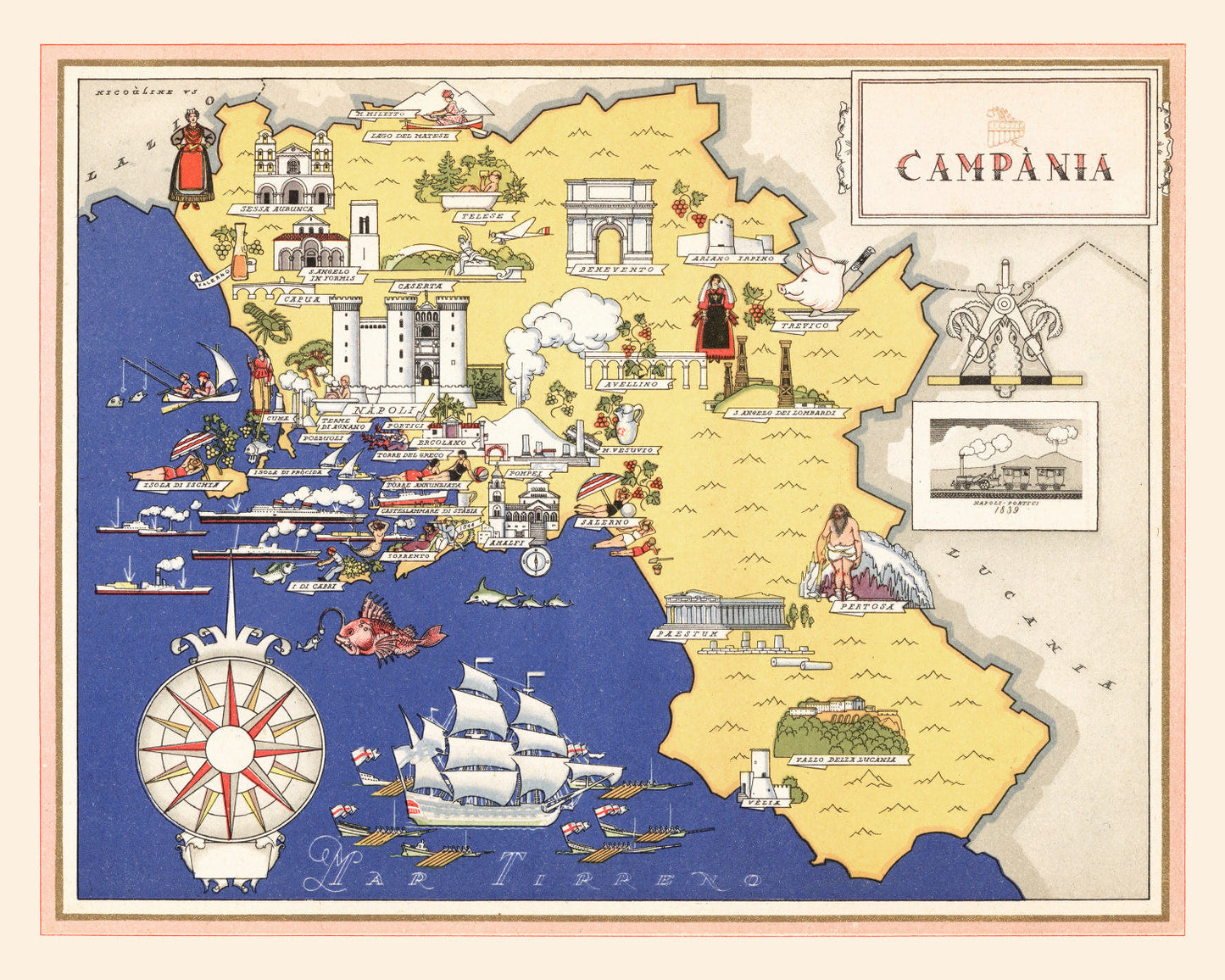 Vintage Map of Campania, Italy, 1938 | Wall Art