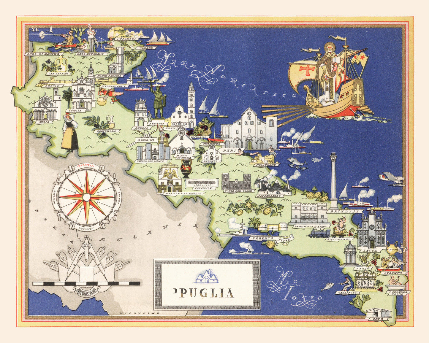 Vintage Map of Puglia, Italy, 1938