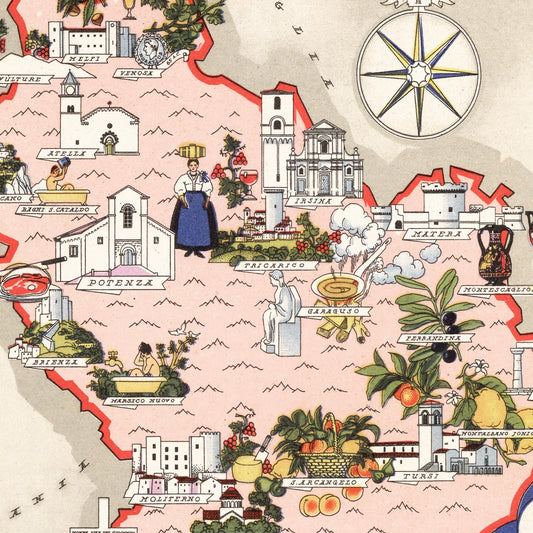Vintage Map of Lucania, Italy, 1938