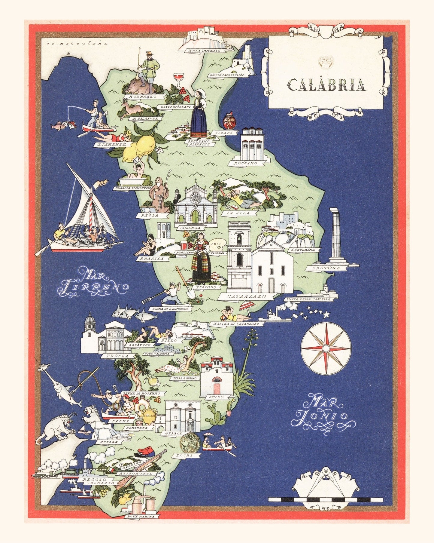 Vintage Map of Calabria, Italy, 1938 | Wall Art