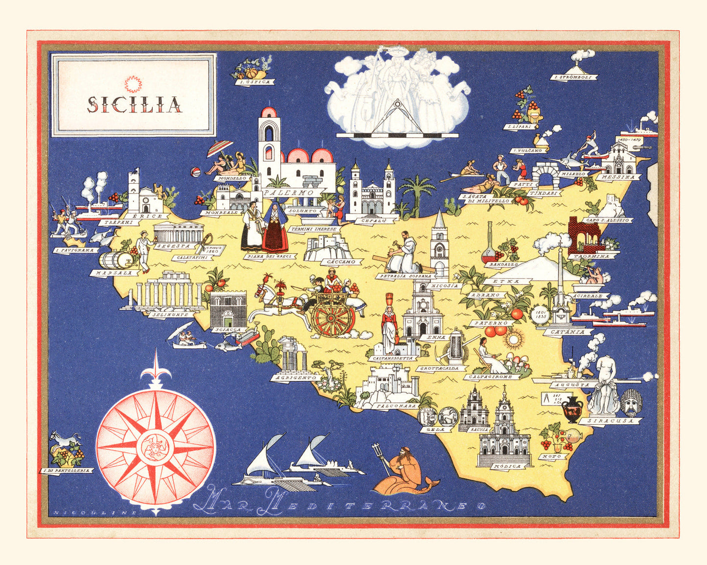 Vintage Map of Sicily, Italy, 1938