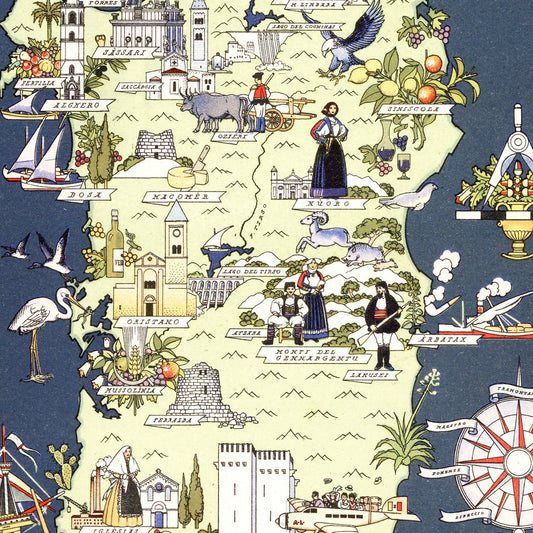 Vintage Map of Sardinia, Italy, 1938