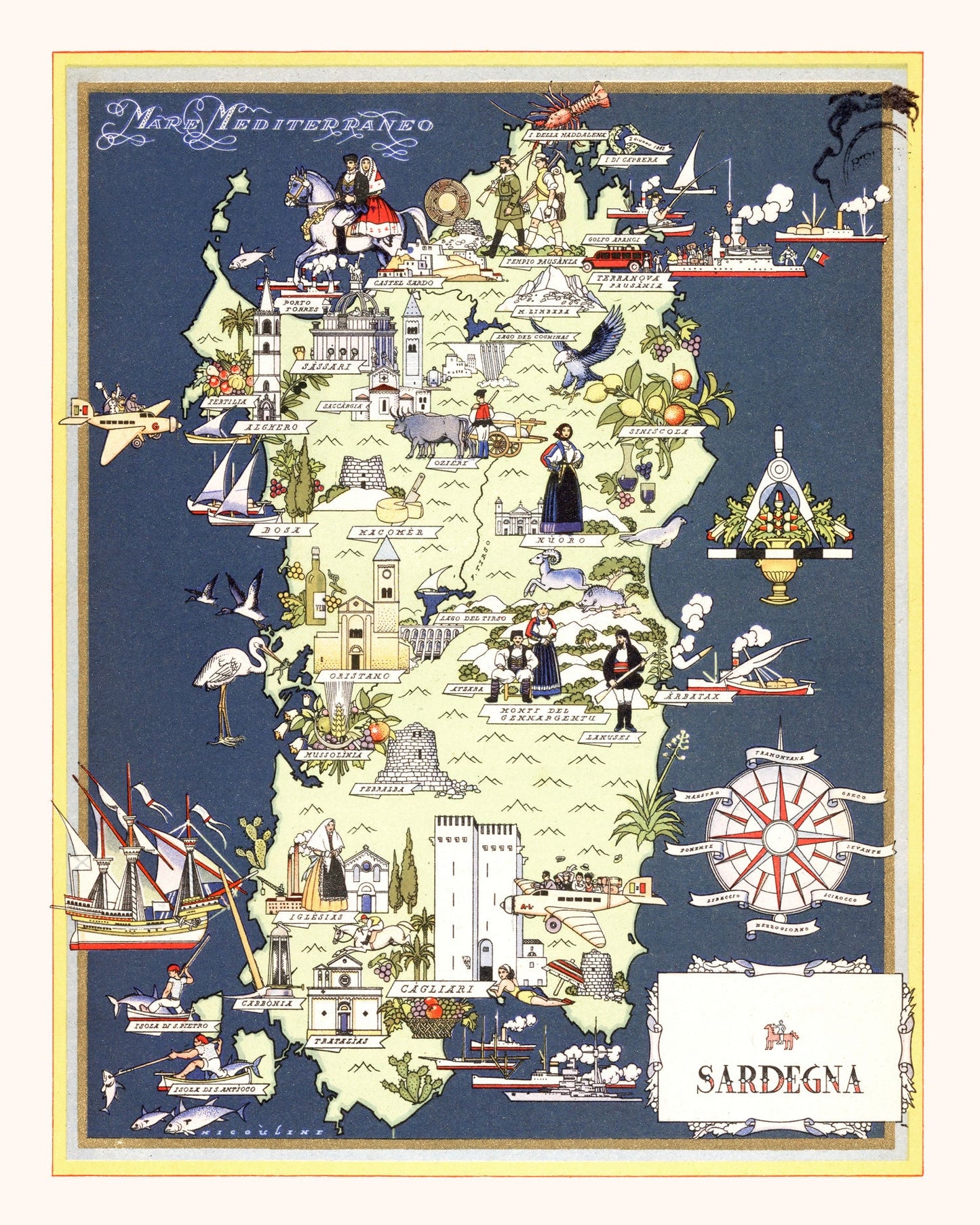 Vintage Map of Sardinia, Italy, 1938