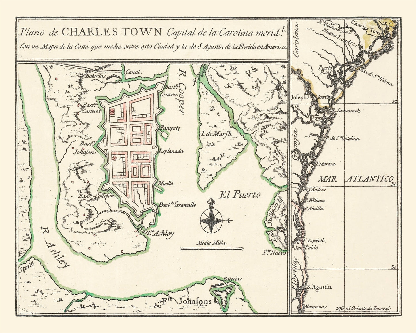 Vintage Map of Charleston, South Carolina, 1753 Wall Art