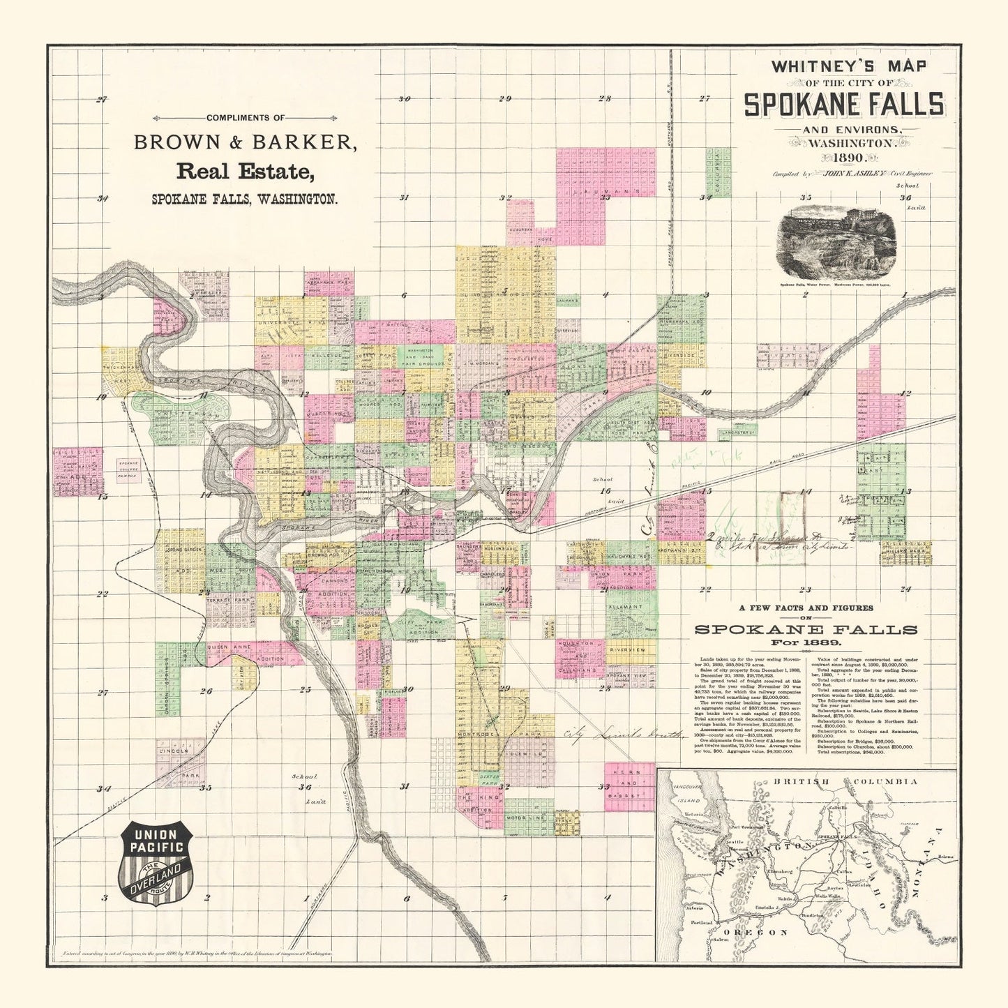 Vintage Map of Spokane Falls, Washington, 1890 II