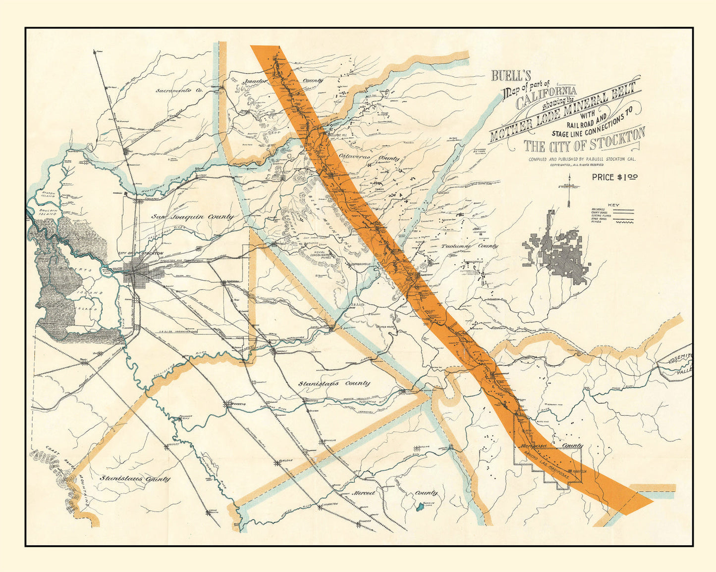 Vintage Map of Mother Lode Mineral Belt, California, 1898