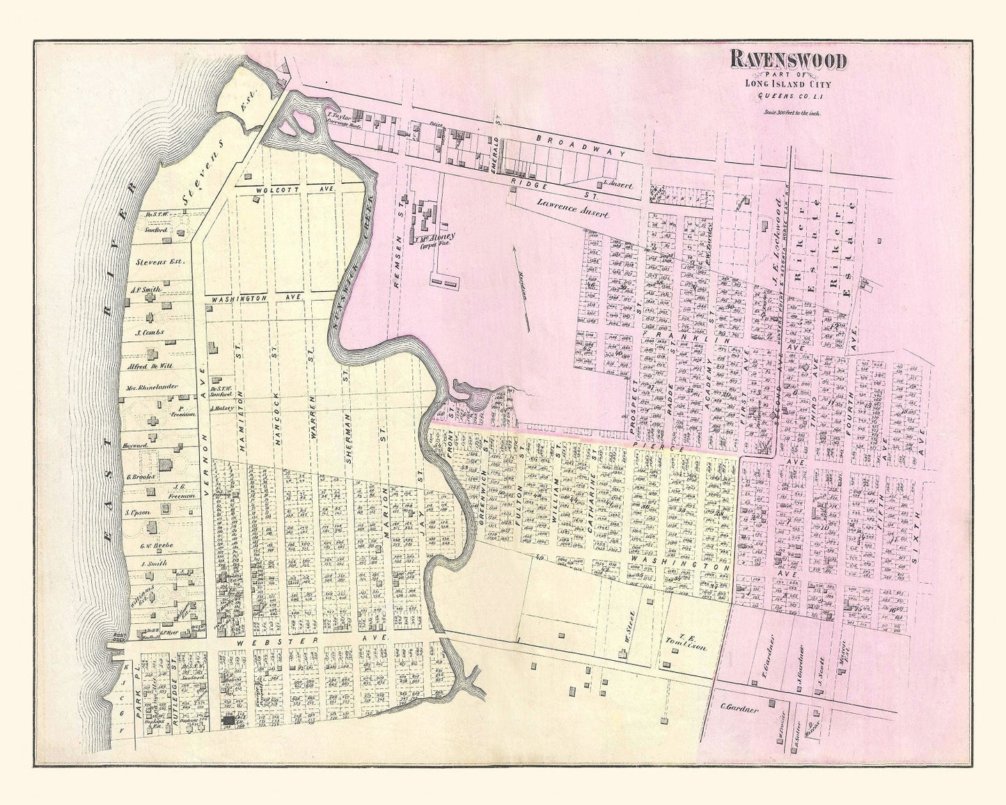 Vintage Map of Ravenswood, Long Island, New York, 1873