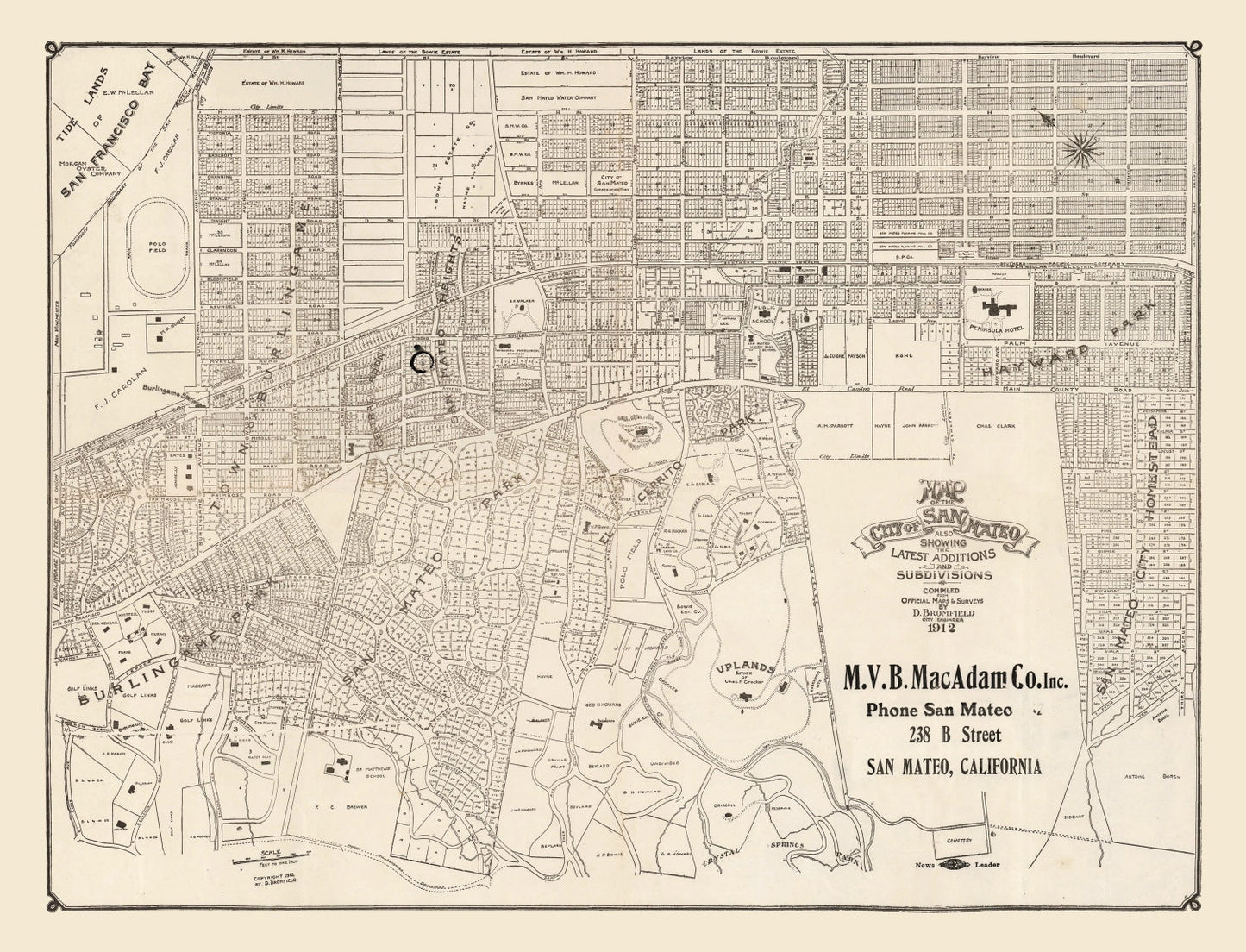 Vintage Map of San Mateo, California, 1912