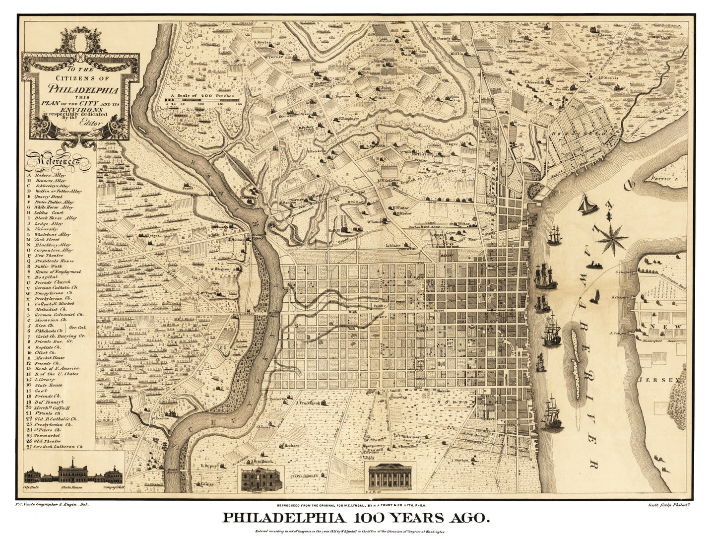Vintage Map of Philadelphia, Pennsylvania, 1875