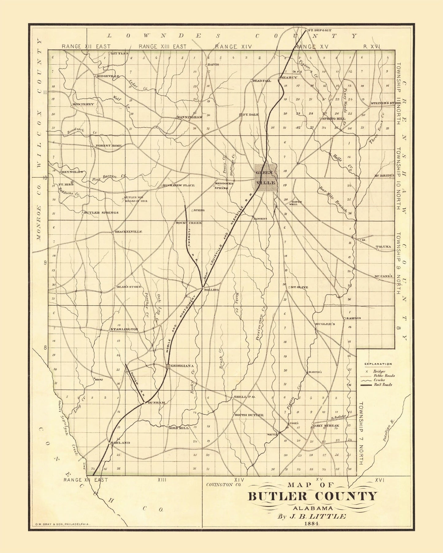 Vintage Map of Butler County, Alabama, 1884 Wall Art