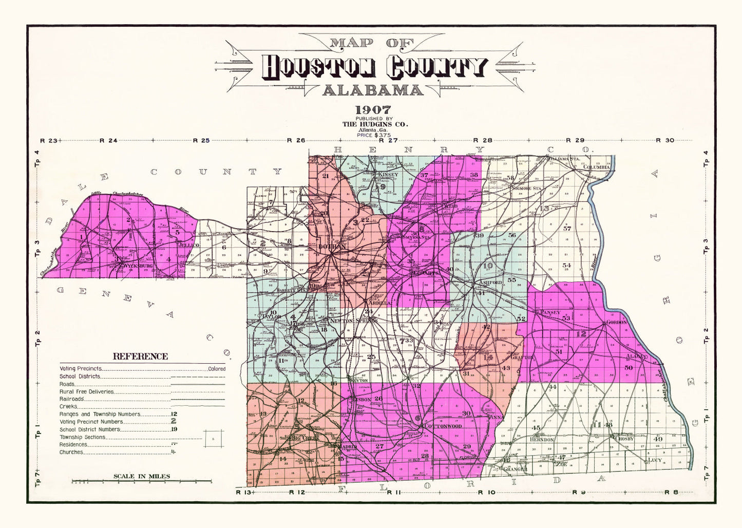 Vintage Map of Houston County, Alabama, 1907