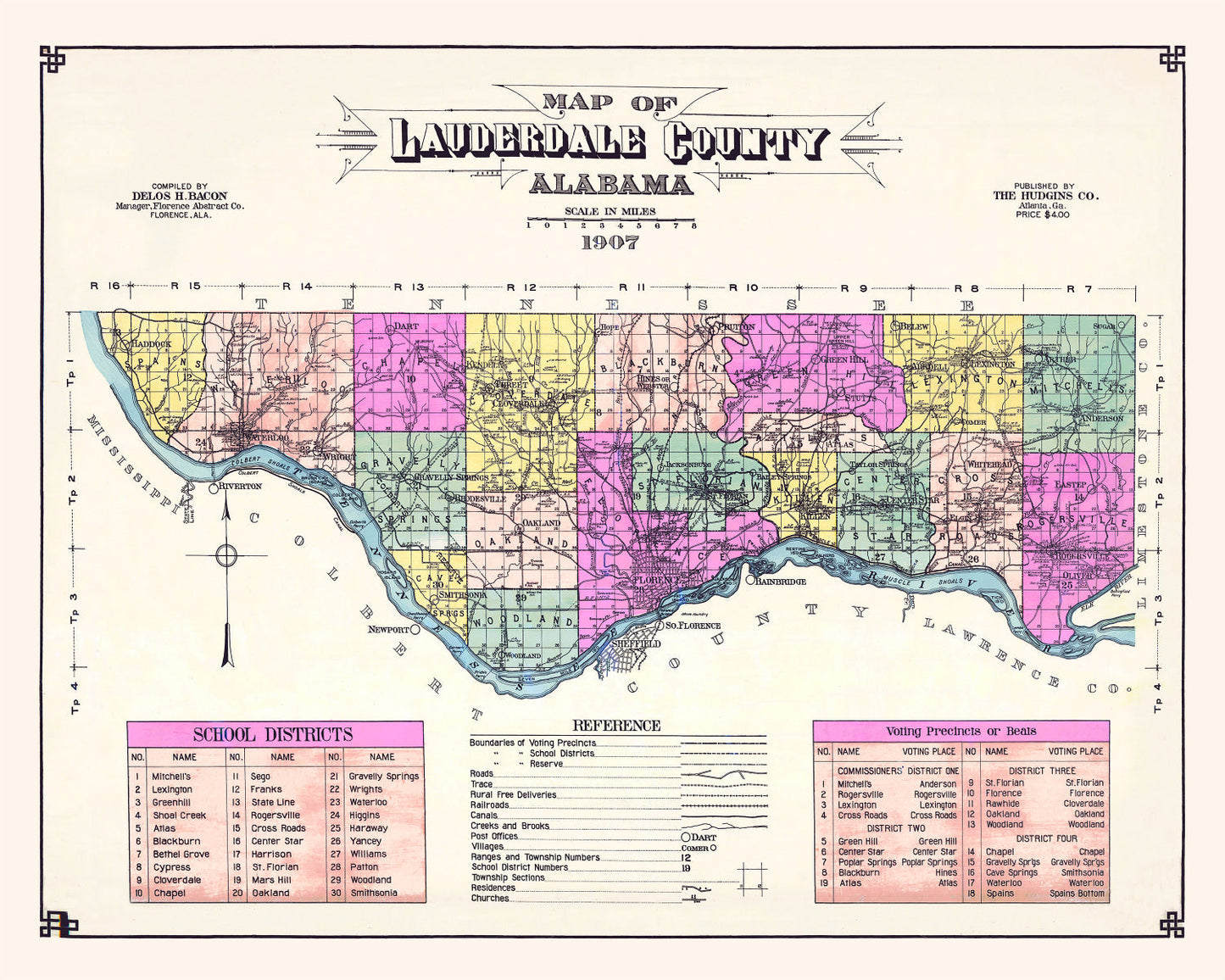 Vintage Map of Lauderdale County, Alabama, 1907