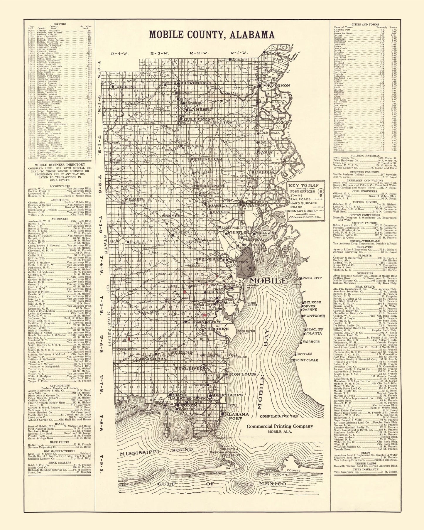 Vintage Map of Mobile County, Alabama, 1915