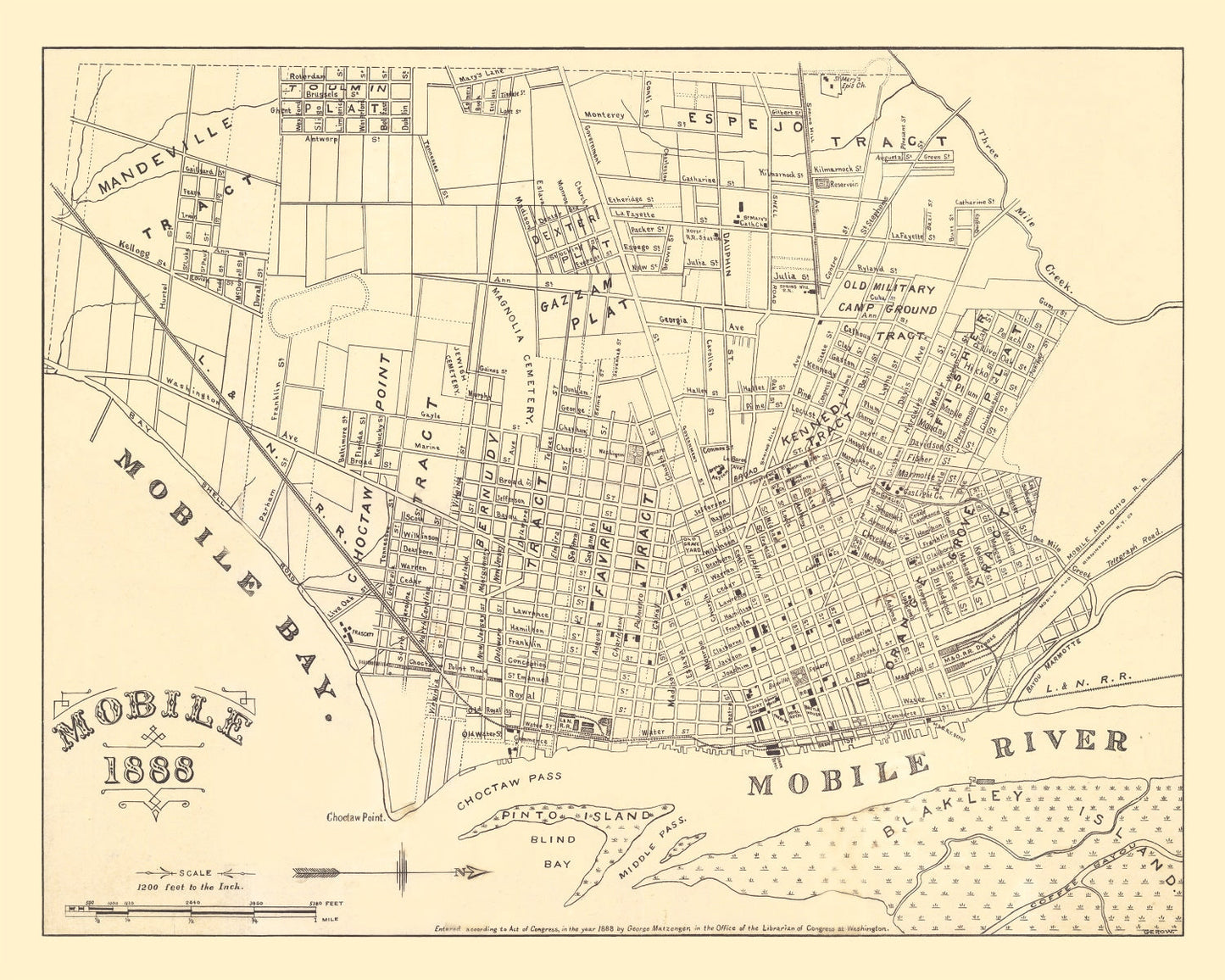 Vintage Map of Mobile, Alabama, 1888