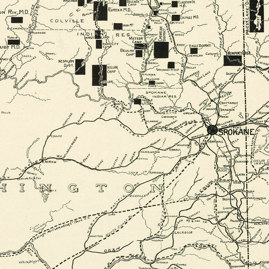 Vintage Map of Spokane Mining Districts, Washington, 1909