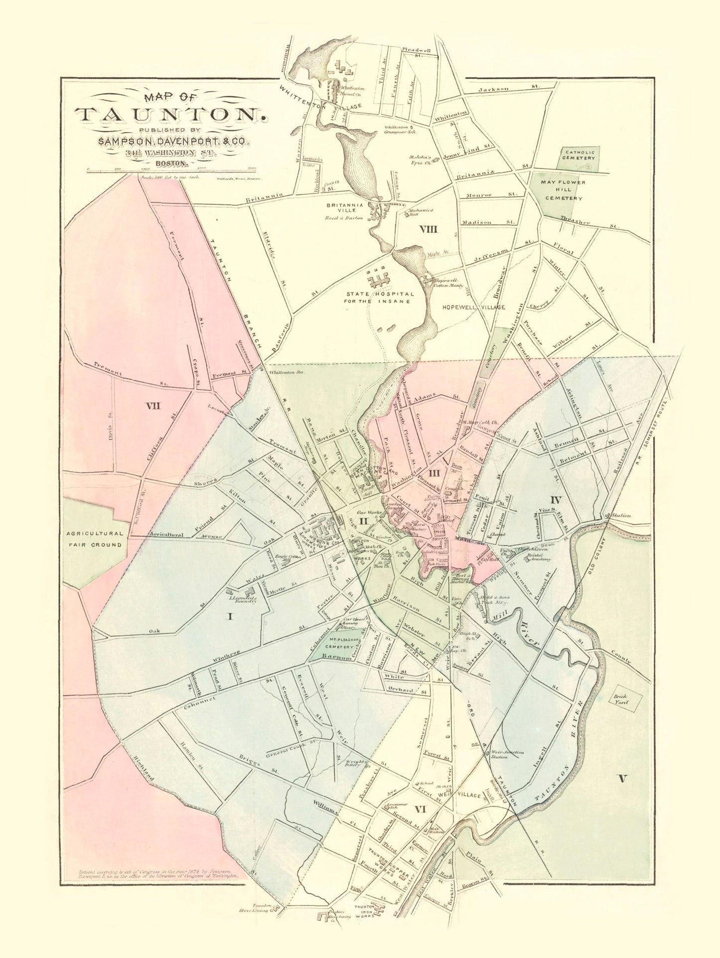 Vintage Map of Taunton, Massachusetts, 1874